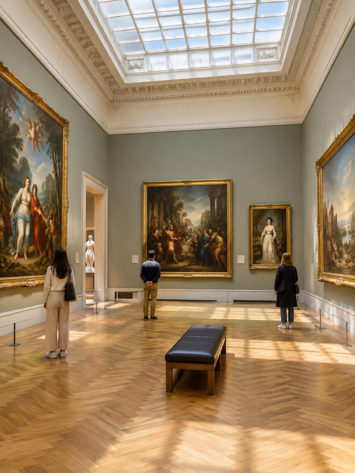 Visitors in a bright art museum gallery with paintings