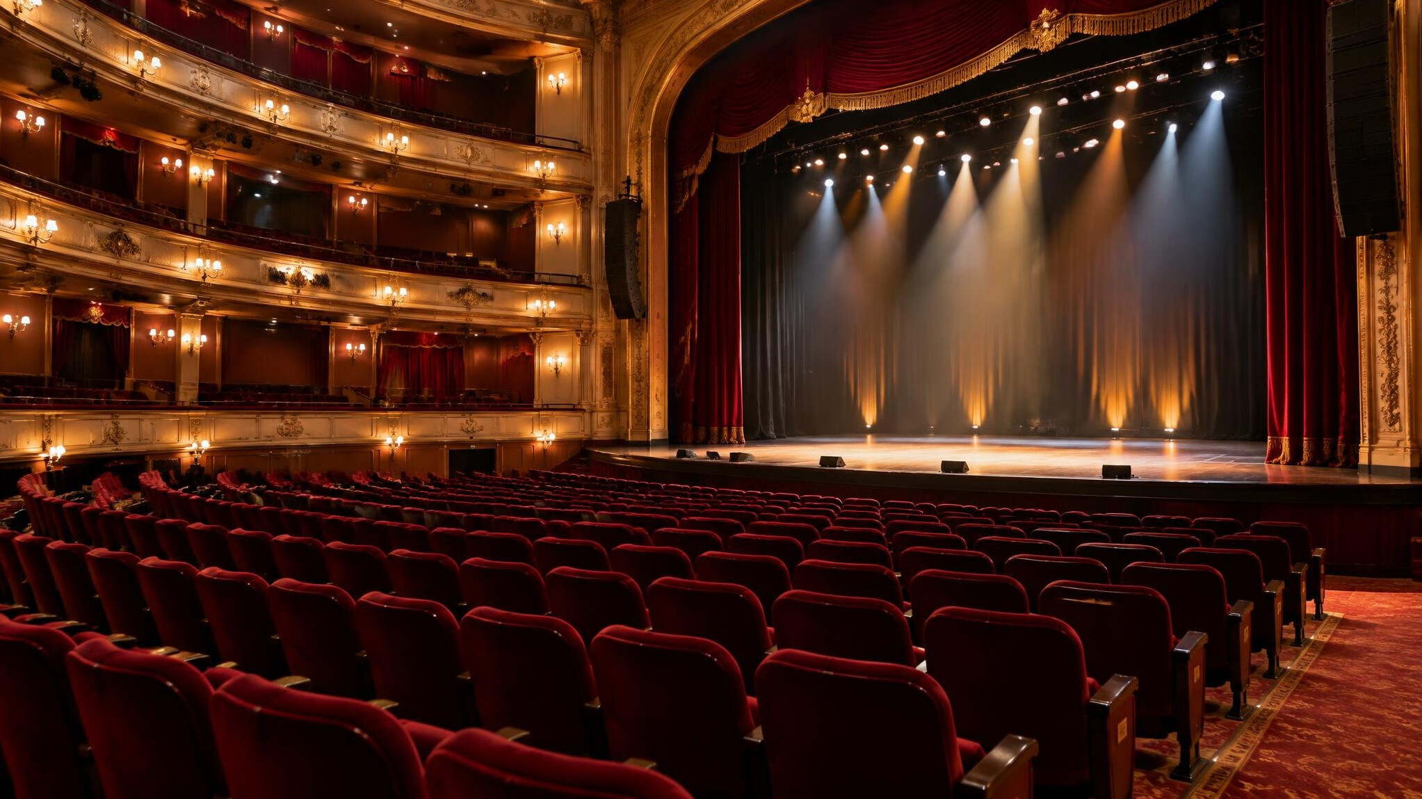 Empty theatre stage with red seats and warm spotlights