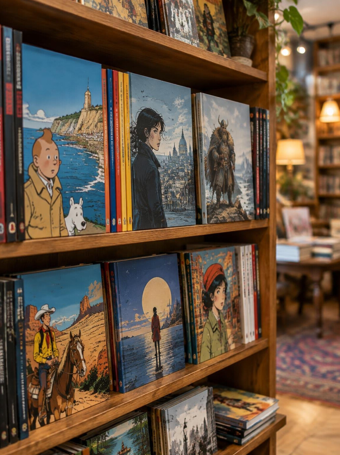 Colorful comic books on a wooden shelf