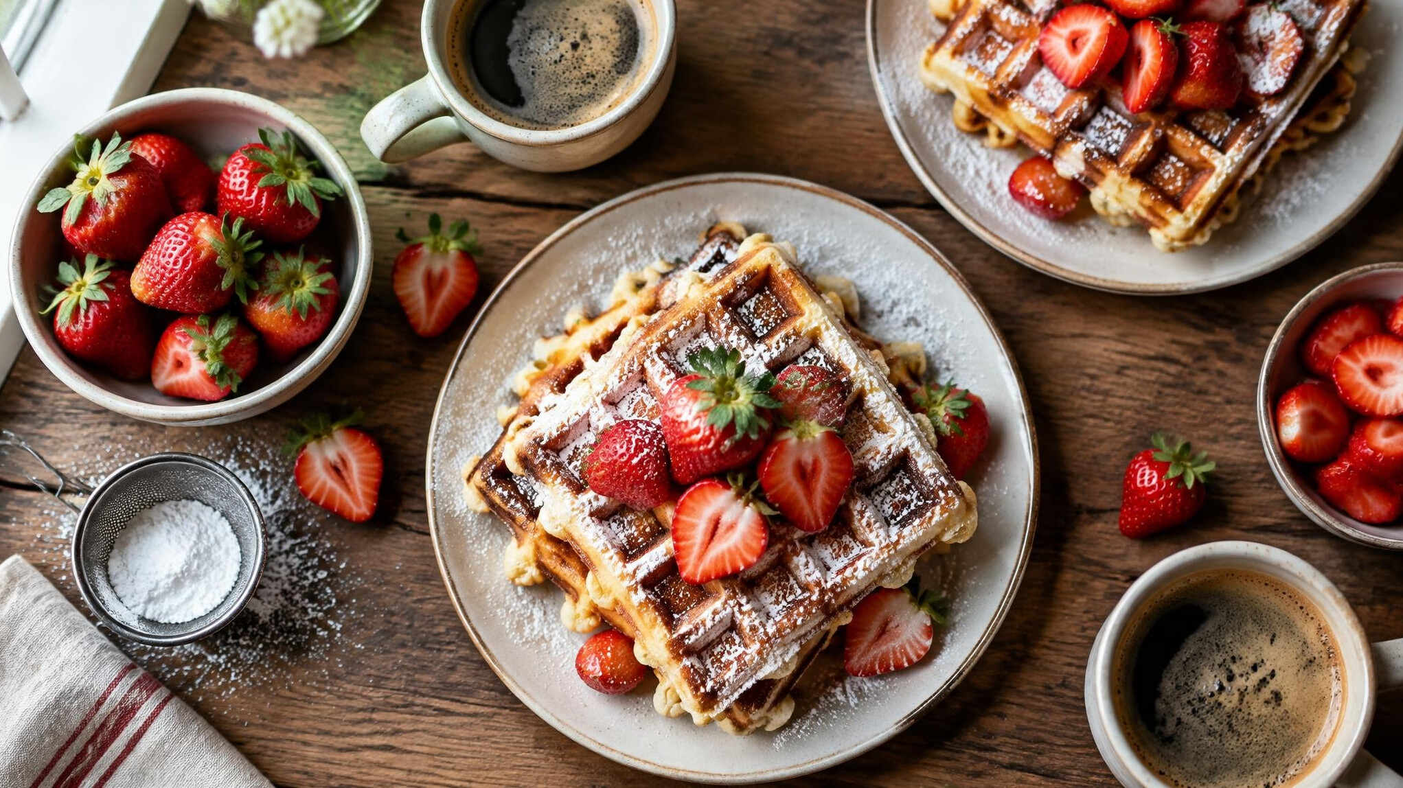 Table with traditional Belgian waffles and fresh fruit